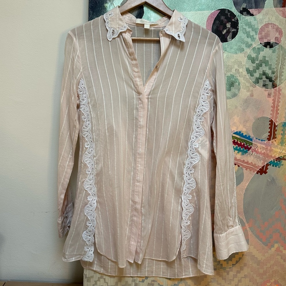 Jonathan Simkhai Pink and white pin-striped silk and lace Top
